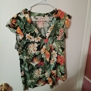 Women's Tropical Floral Christian Siriano Flutter Sleeve Blouse